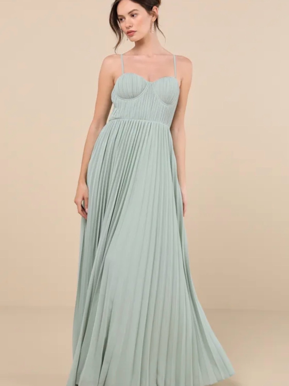 Lulu's Pleated Spaghetti-Strap Gown in Sage